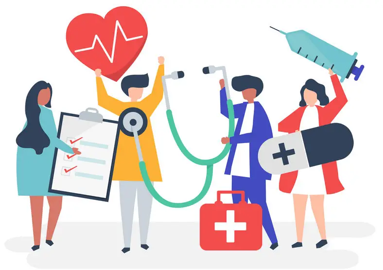 Group of medical staff carrying health related icons